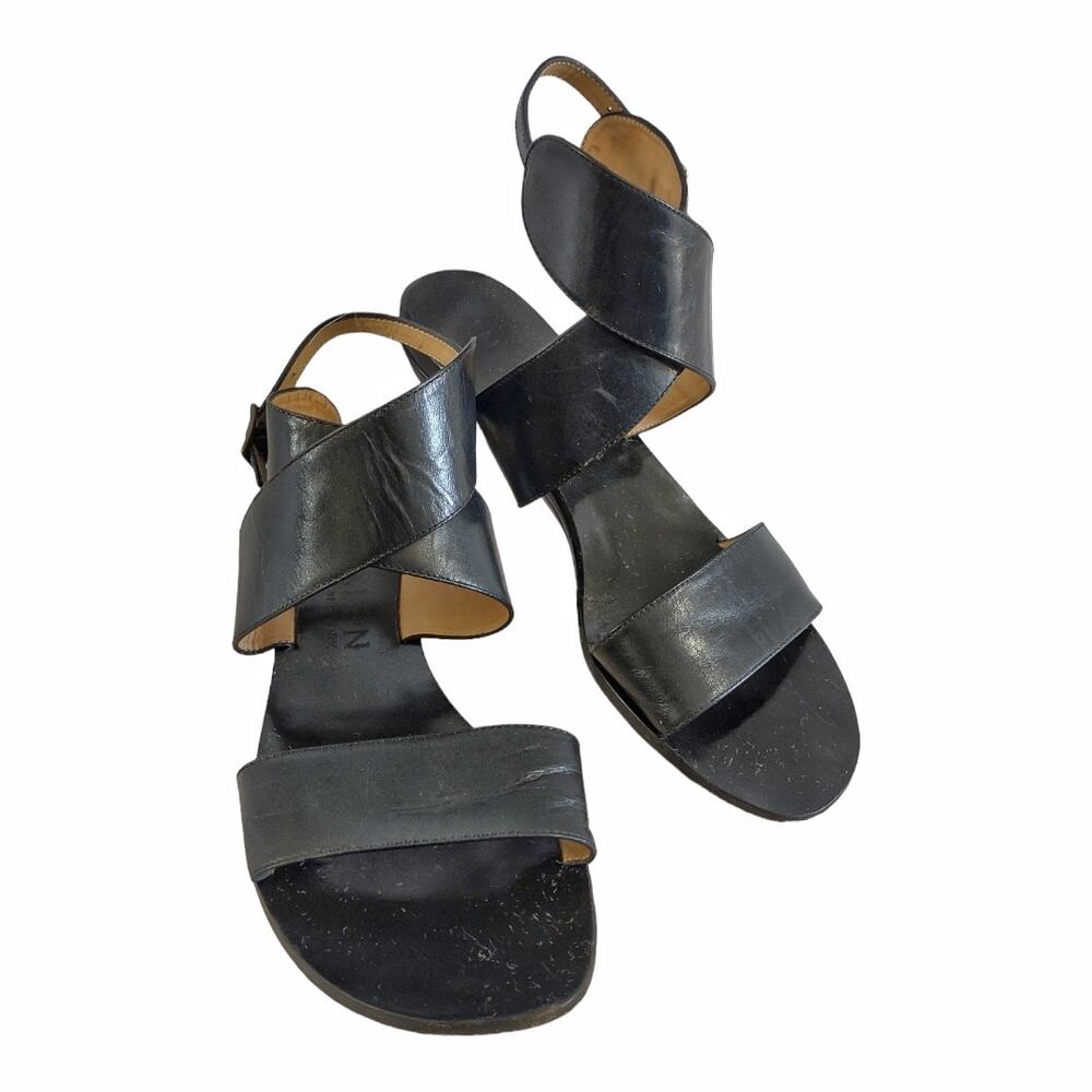 ANNE KLEIN Black Leather Ankle Wrap Sandals Size 7.5 Designer Thick Strap Flats